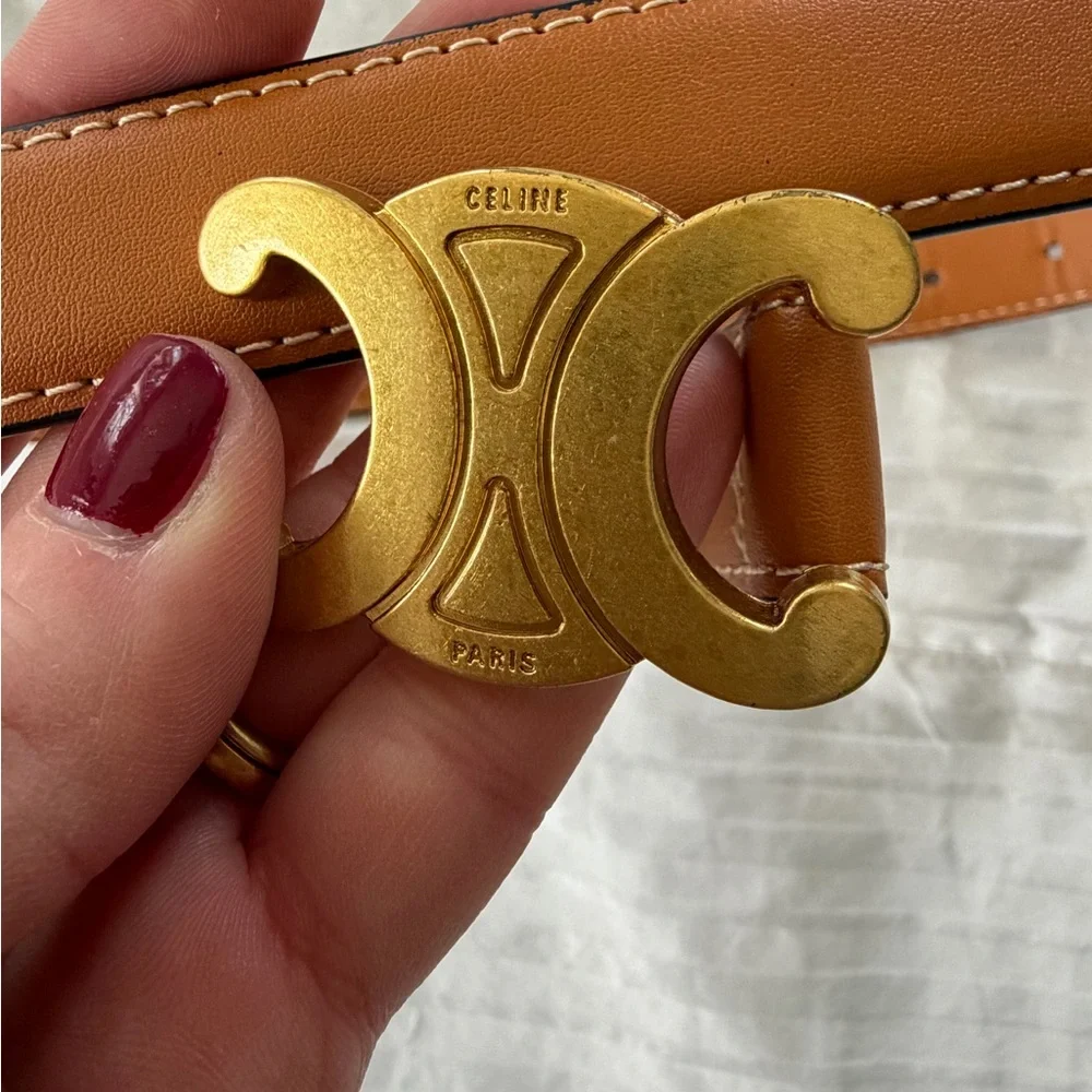 Celine Tan Leather Belt with Gold Double C Buckle - Picture 2 of 4